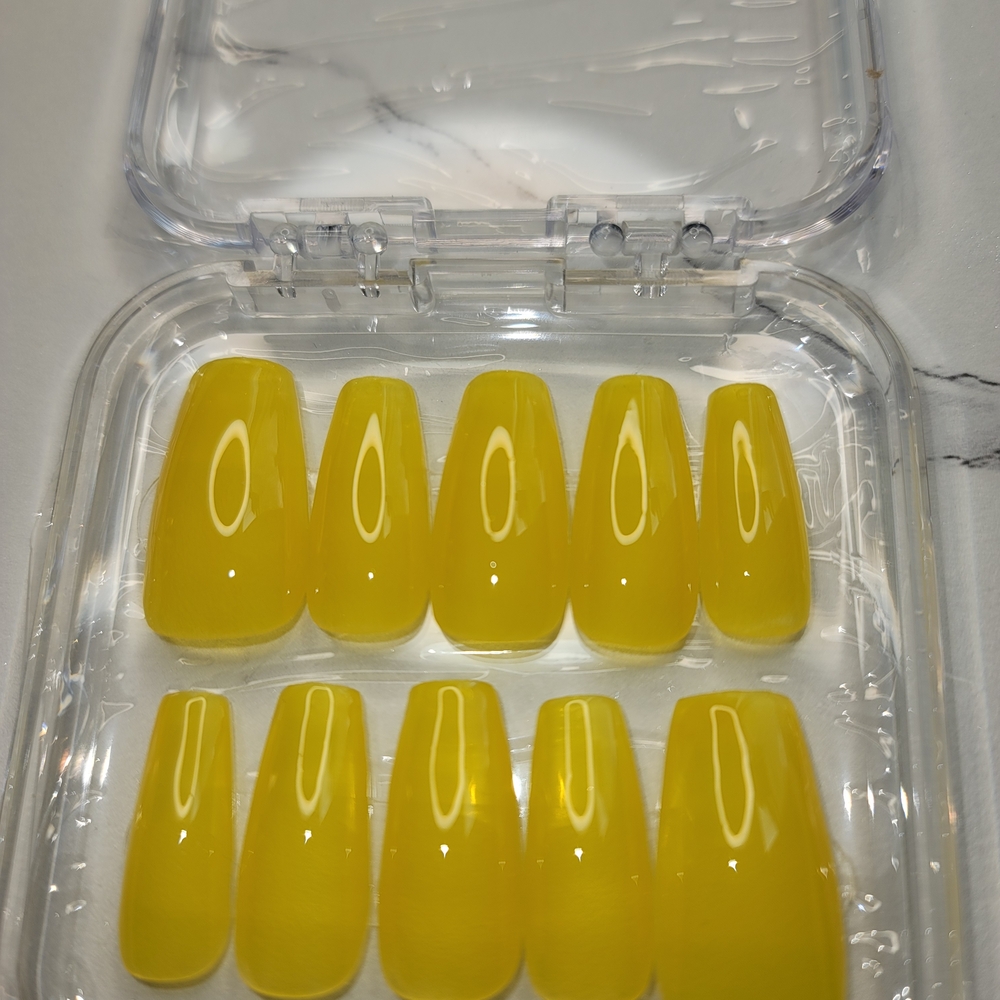 Yellow Press-On Nails Set - Glossy Coffin Shape False Nails